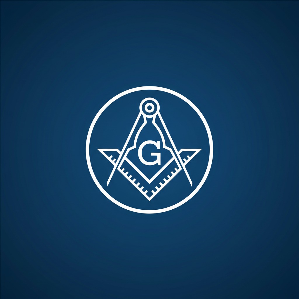 White Masonic square and compasses symbol with a letter G in the center on a dark blue background.