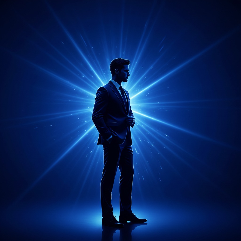 A man in a suit stands in profile against a backdrop of radiating blue light.