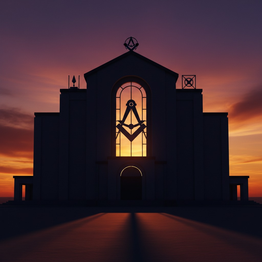 A Masonic lodge building is silhouetted against a vibrant orange and purple sunset.
